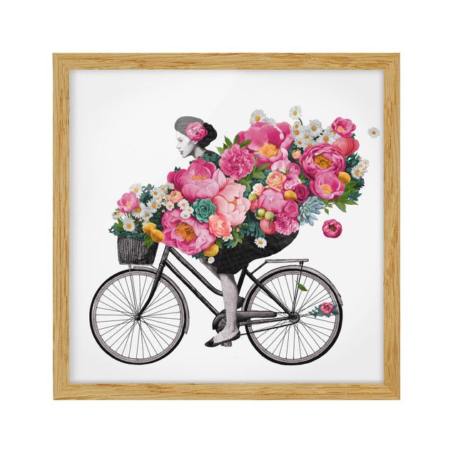 quadro com flores Illustration Woman On Bicycle Collage Colourful Flowers