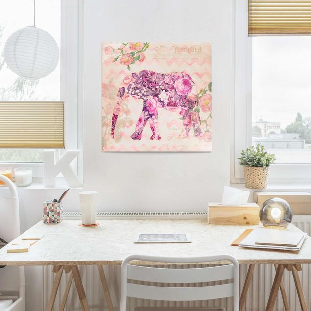 decoraçoes cozinha Vintage Collage - Pink Flowers Elephant