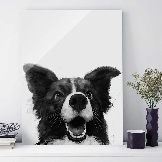 quadros para parede Illustration Dog Border Collie Black And White Painting