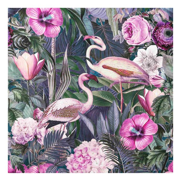 Quadros florais Colourful Collage - Pink Flamingos In The Jungle