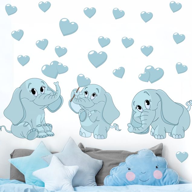 Autocolantes de parede elefantes Three blue elephant babies with hearts