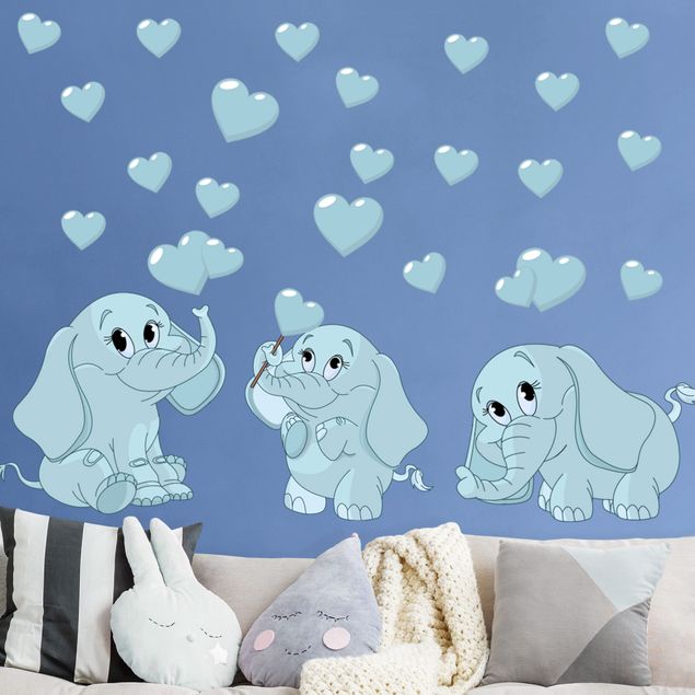 Decoração para quarto infantil Three blue elephant babies with hearts