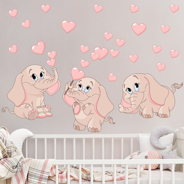 Decoração para quarto infantil Three pink elephant babies with hearts