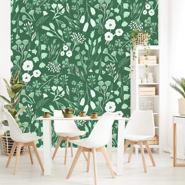 papel de parede moderno para sala Fragrant Field Of Flowers In Green