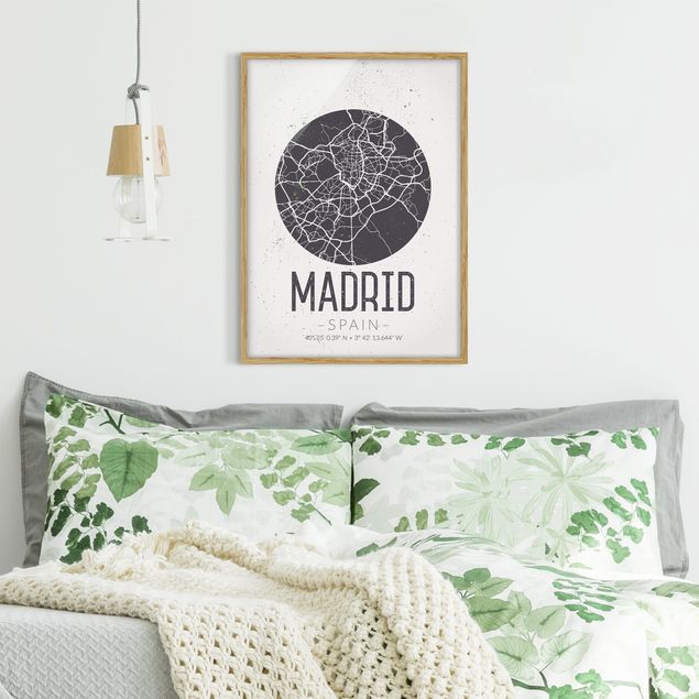 Quadros com moldura frases Madrid City Map - Retro