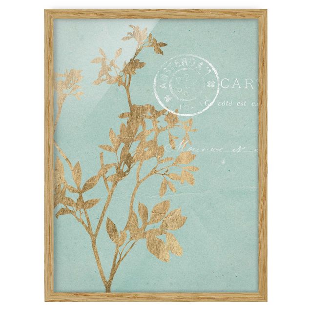 quadros flores Golden Leaves On Turquoise I