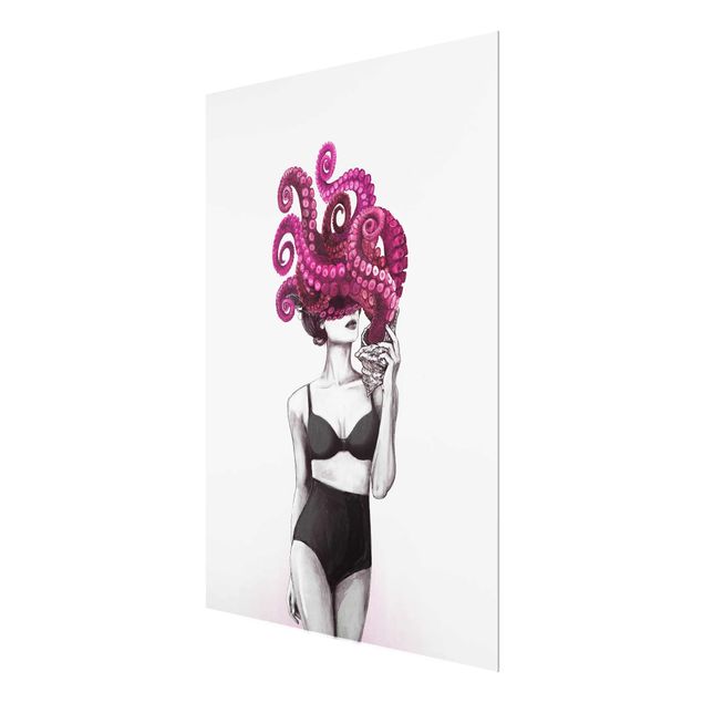 Quadros em vidro em preto e branco Illustration Woman In Underwear Black And White Octopus