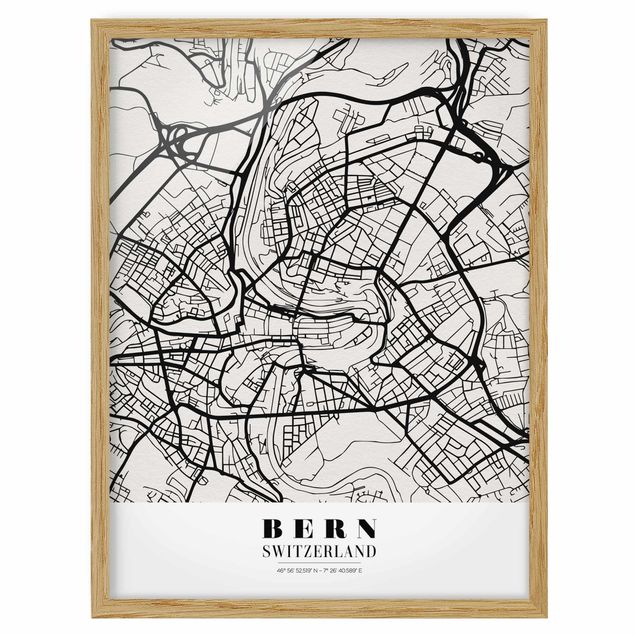 Quadros com moldura mapa-múndi Bern City Map - Classical