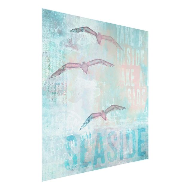 Quadros em vidro animais Shabby Chic Collage - Seagulls