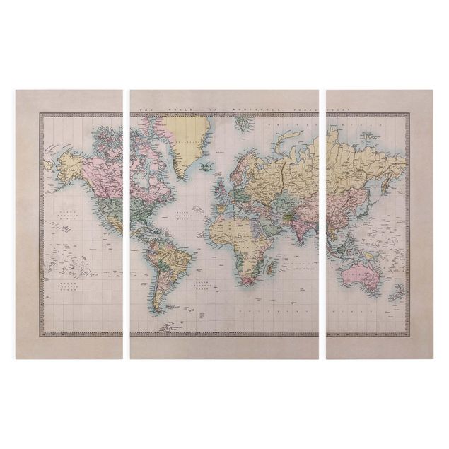 decoração quadros Vintage World Map Around 1850