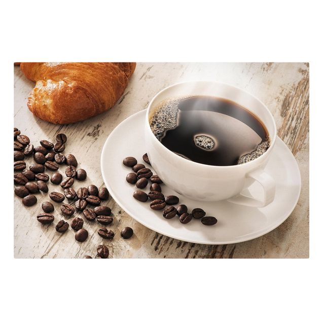 Quadros decorativos Steaming coffee cup with coffee beans