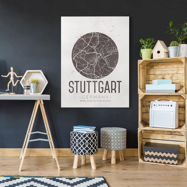 Telas decorativas em preto e branco Stuttgart City Map - Retro