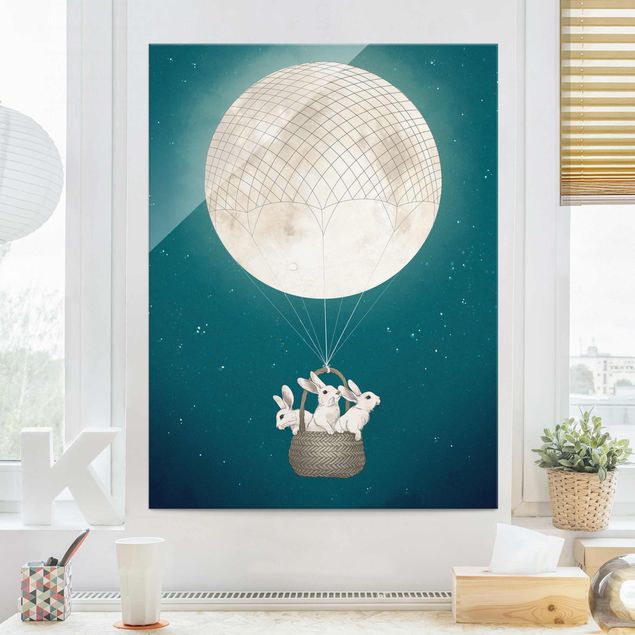 quadro de vidro Illustration Rabbits Moon As Hot-Air Balloon Starry Sky