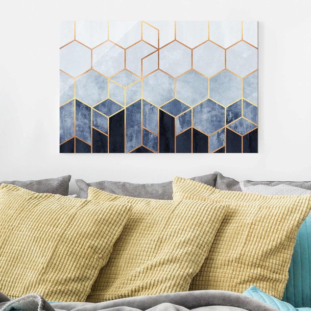 quadro de vidro Golden Hexagons Blue White