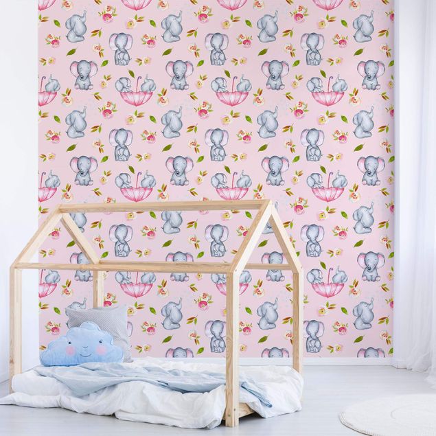 Decoração para quarto infantil Elephant With Flowers In Front Of Pink