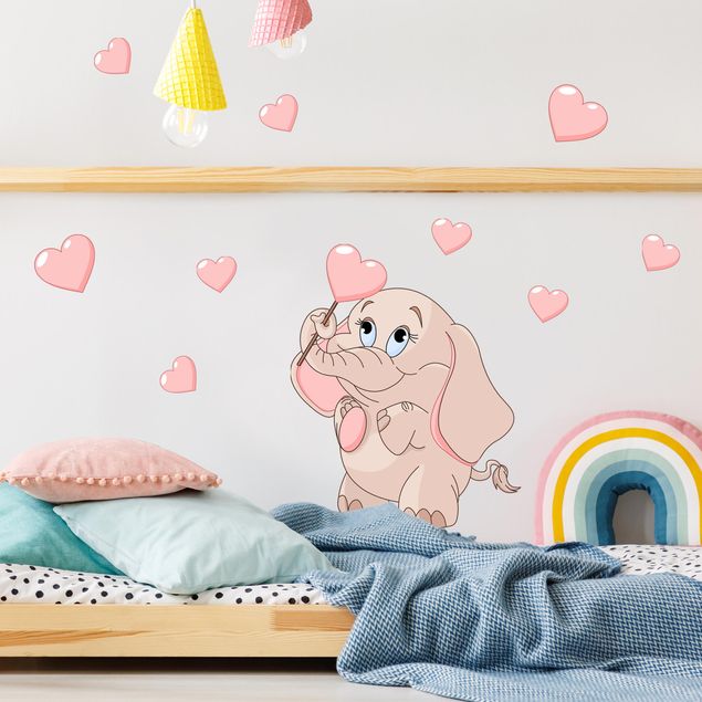 Autocolantes de parede animais Elephant baby with pink hearts