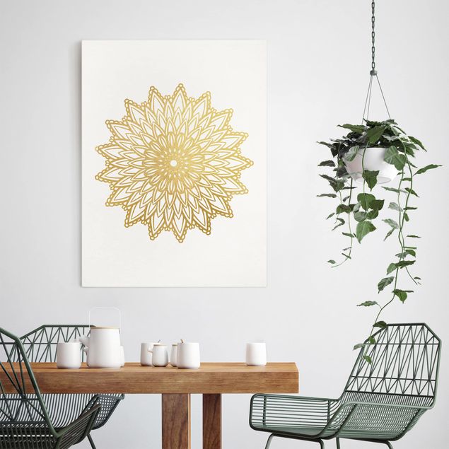 Telas decorativas zen Mandala Sun Illustration White Gold