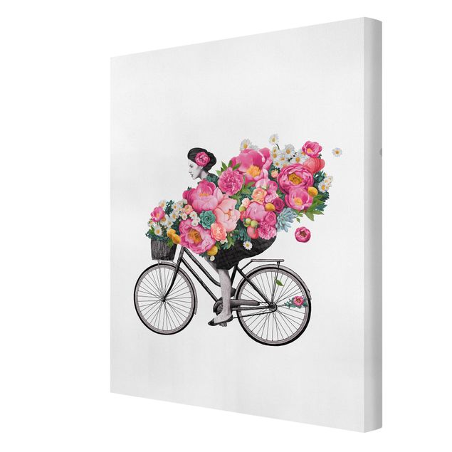 Quadros rosas Illustration Woman On Bicycle Collage Colourful Flowers