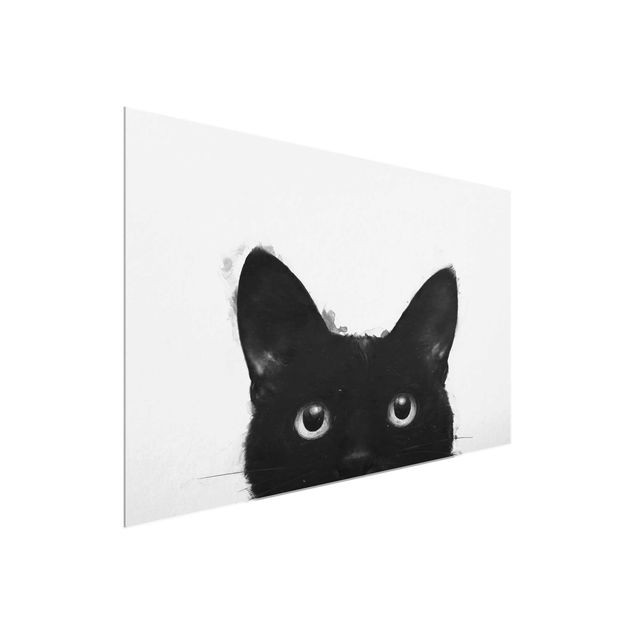 Quadros em vidro em preto e branco Illustration Black Cat On White Painting