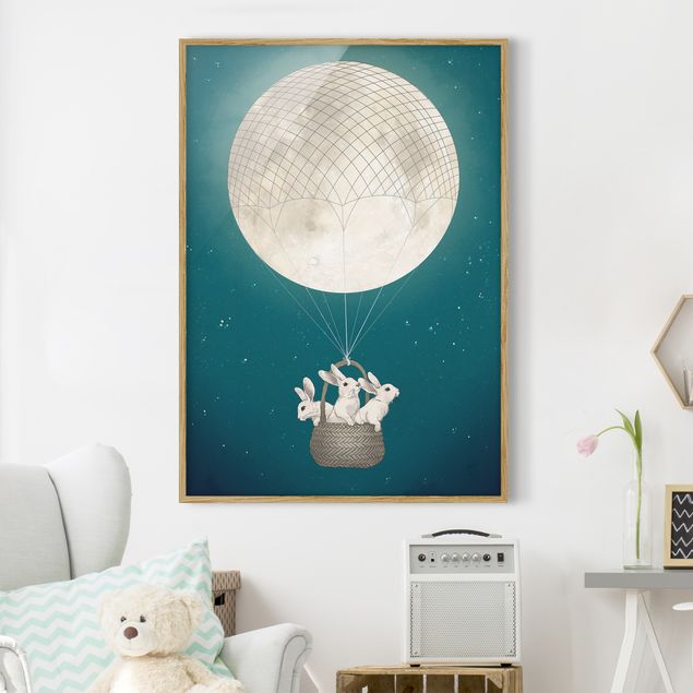 decoraçao para parede de cozinha Illustration Rabbits Moon As Hot-Air Balloon Starry Sky