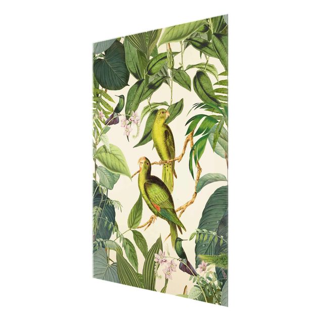 quadro decorativo verde Vintage Collage - Parrots In The Jungle