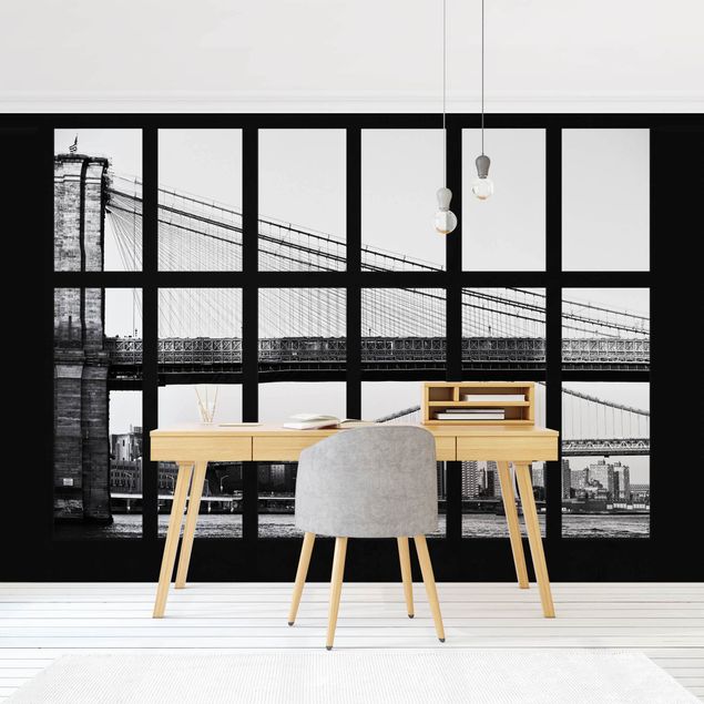 papel de parede para quarto de casal 3d Window Bridges New York