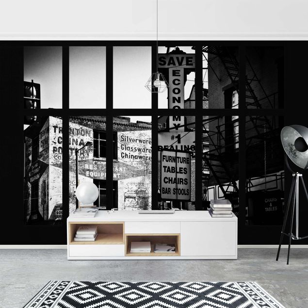 papel de parede moderno para sala Window View American Building Facade In Black And White