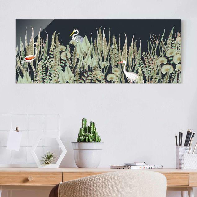 decoraçao para parede de cozinha Flamingo And Stork With Plants On Green
