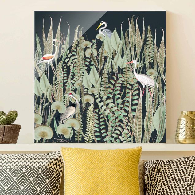 decoraçao para parede de cozinha Flamingo And Stork With Plants On Green