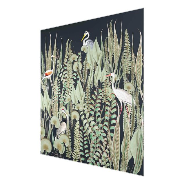 decoração quadros Flamingo And Stork With Plants On Green