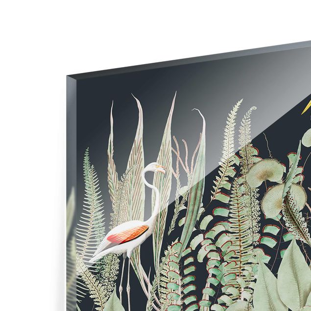 quadro de vidro Flamingo And Stork With Plants On Green