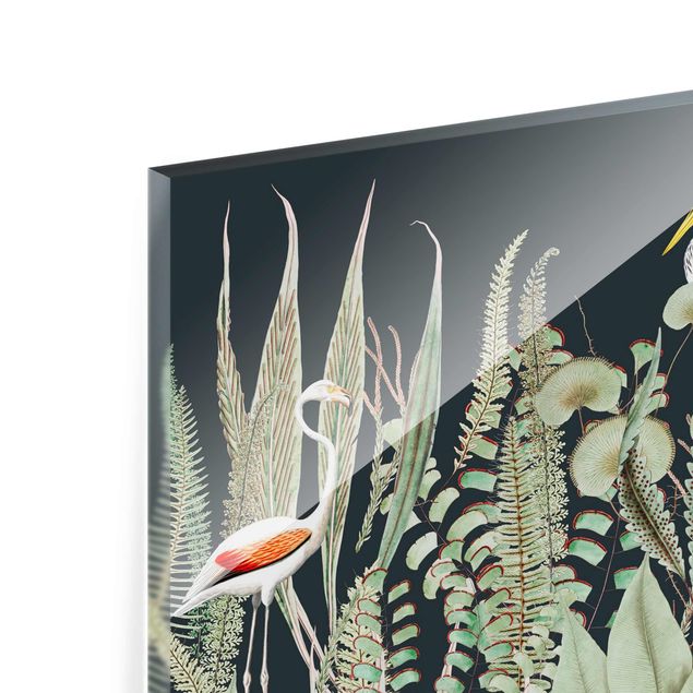 quadro de vidro Flamingo And Stork With Plants On Green
