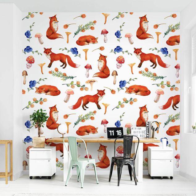 Papel de parede padrões Fox With Mushroom Illlustration