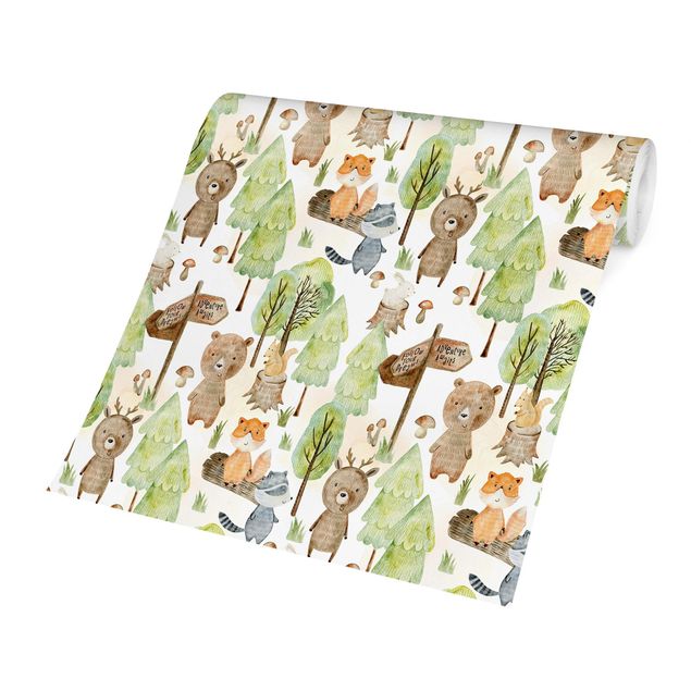 Papel de parede verde Fox And Bear With Trees