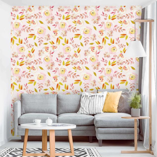 papel de parede para quarto de casal moderno Yellow Leaves With Watercolour Flowers In Front Of Pink