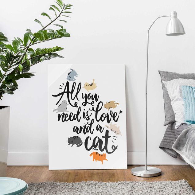 Quadros em vidro frases All You Need Is Love And A Cat