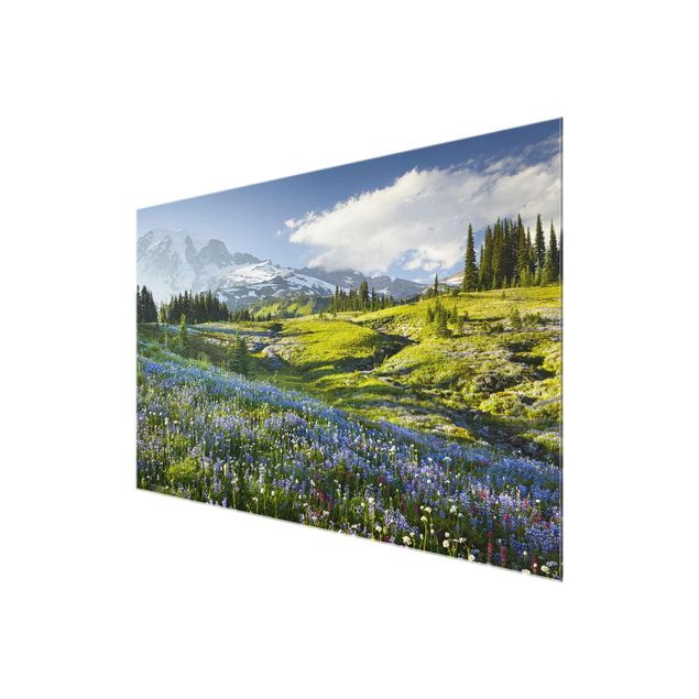 quadros de paisagens Mountain Meadow With Blue Flowers in Front of Mt. Rainier