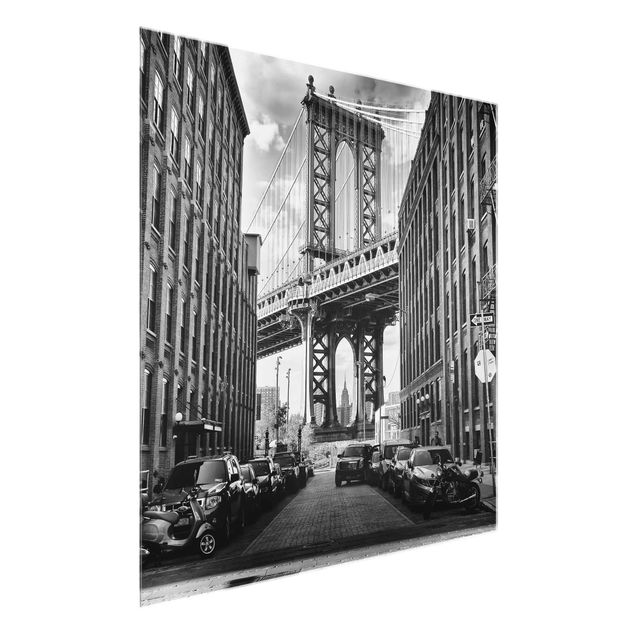 Quadros em vidro em preto e branco Manhattan Bridge In America