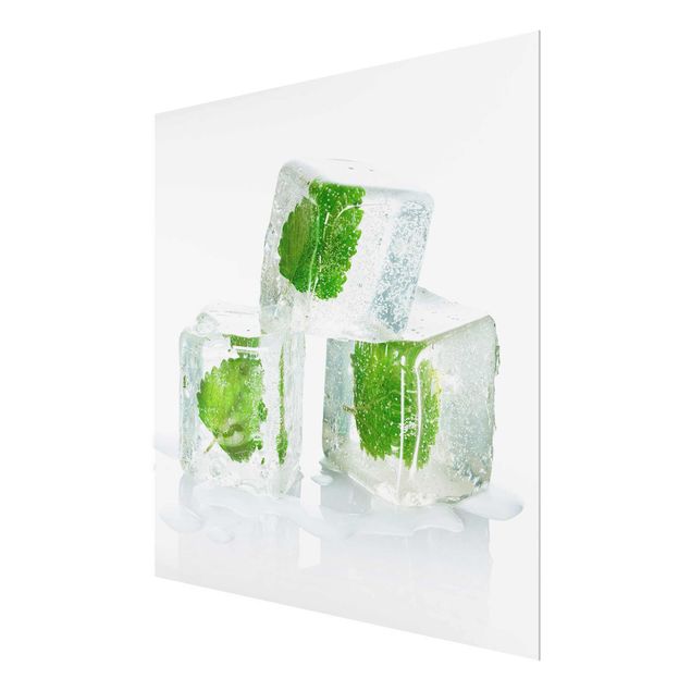 Quadros em vidro Three Ice Cubes With Lemon Balm