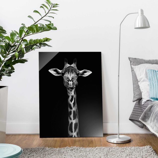 Quadros em vidro em preto e branco Dark Giraffe Portrait