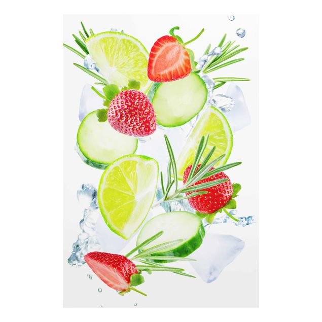 Quadros em vidro Strawberries Lime Ice Cubes Splash