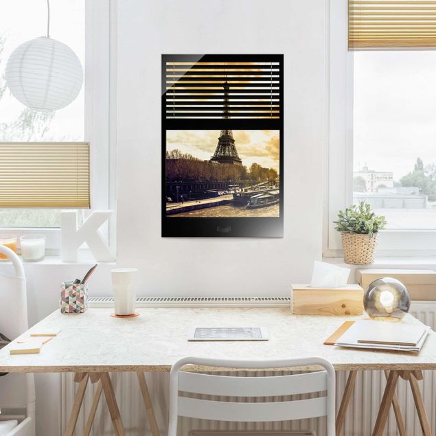 Quadros em vidro Paris Window View Blinds - Paris Eiffel Tower sunset