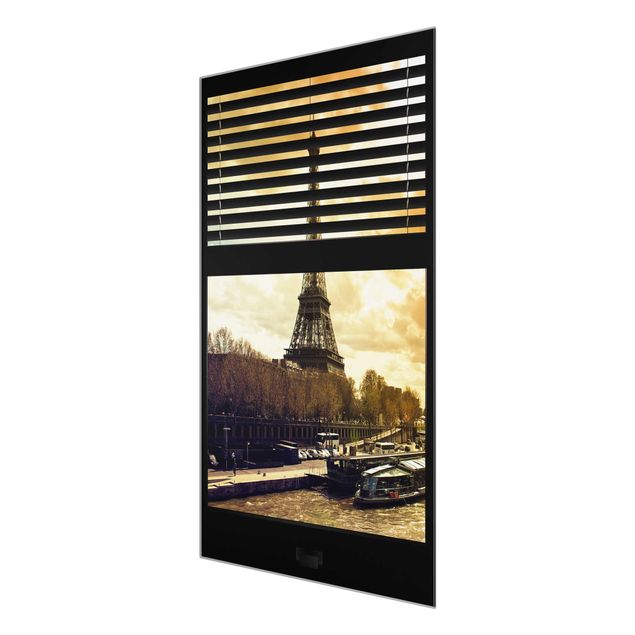 Quadros em vidro cidades e paisagens urbanas Window View Blinds - Paris Eiffel Tower sunset