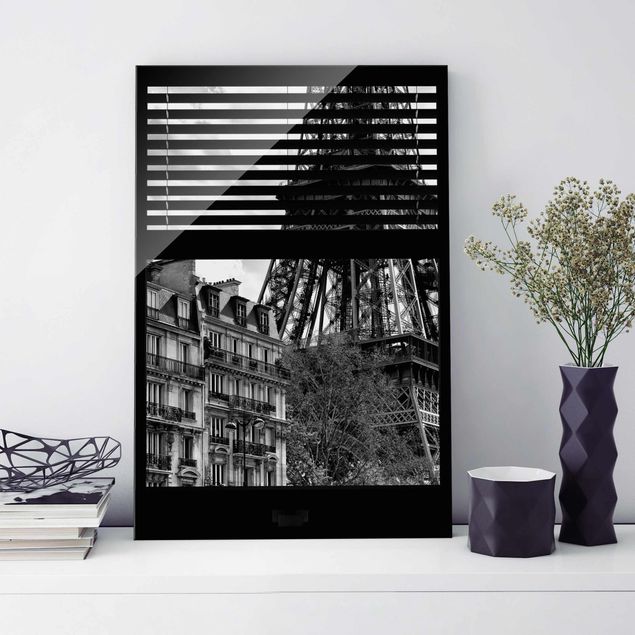 decoraçao para parede de cozinha Window view Paris - Near the Eiffel Tower black and white