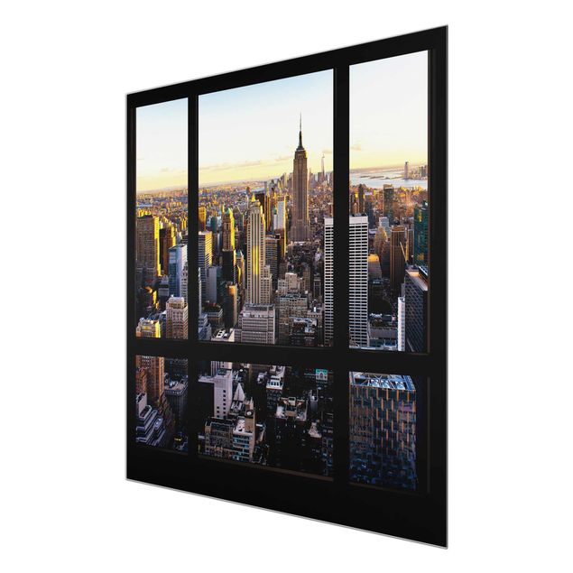 quadros decorativos para sala modernos Window View At Night Over New York