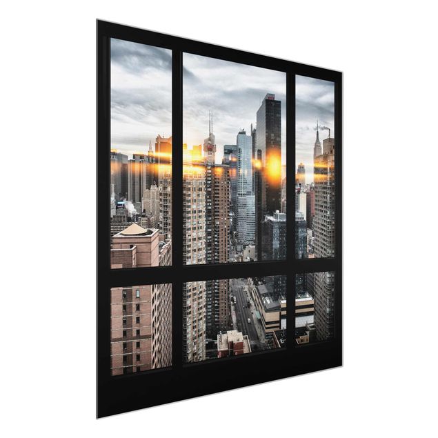 Quadros em vidro cidades e paisagens urbanas Windows Overlooking New York With Sun Reflection