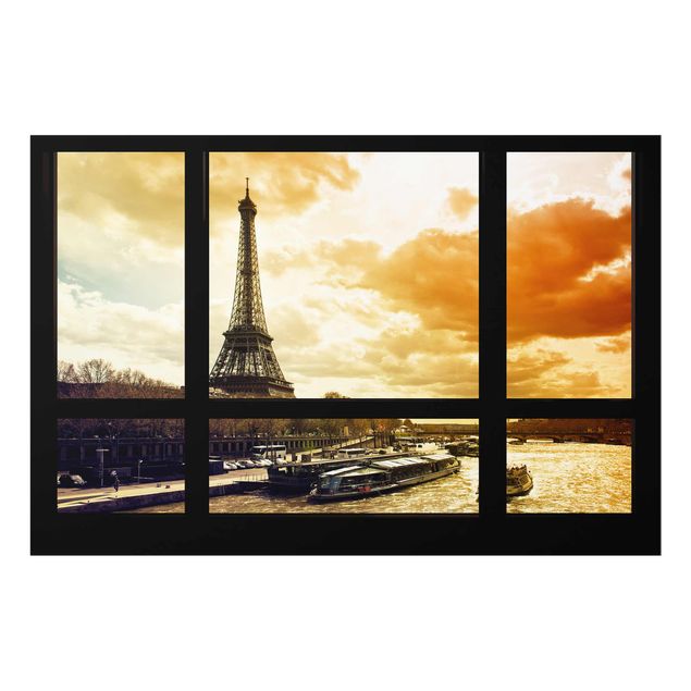 Quadros em vidro cidades e paisagens urbanas Window view - Paris Eiffel Tower sunset