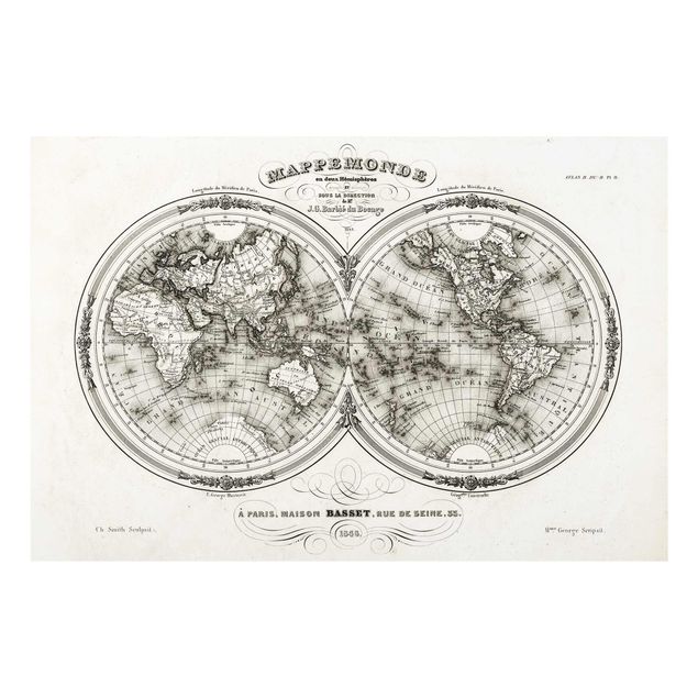 quadros preto e branco para decoração French map of the hemispheres from 1848