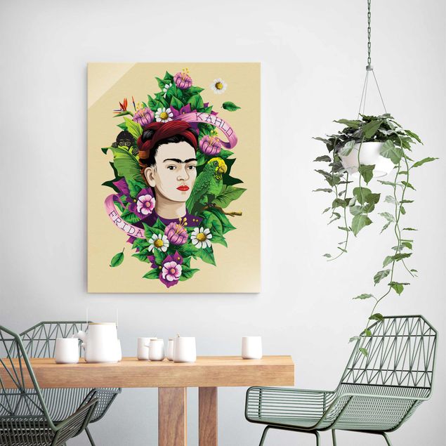 Quadros florais Frida Kahlo - Frida, Äffchen und Papagei