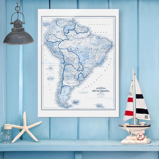 Quadros em vidro mapas Map In Blue Tones - South America
